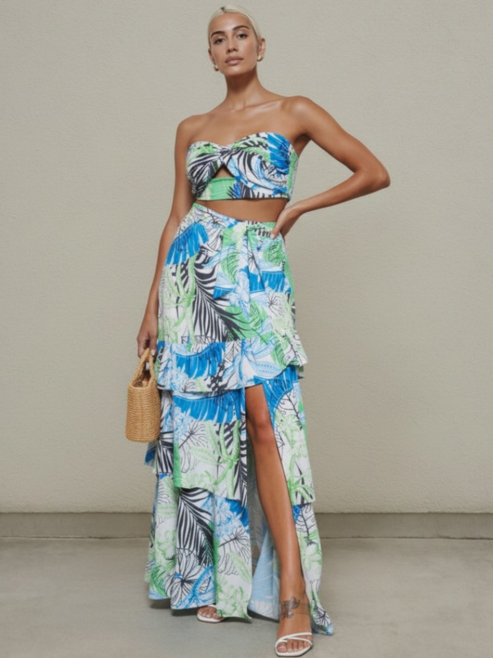 Tropical Blue and Green Foliage Print Crop Top Skirt 2 PC Set
